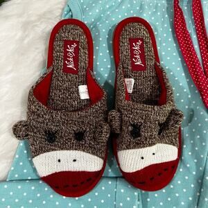 NEW Nick & Nora Y2K Sock Monkey Embroidered Multicolored Slippers Small 5-7 NWOB
